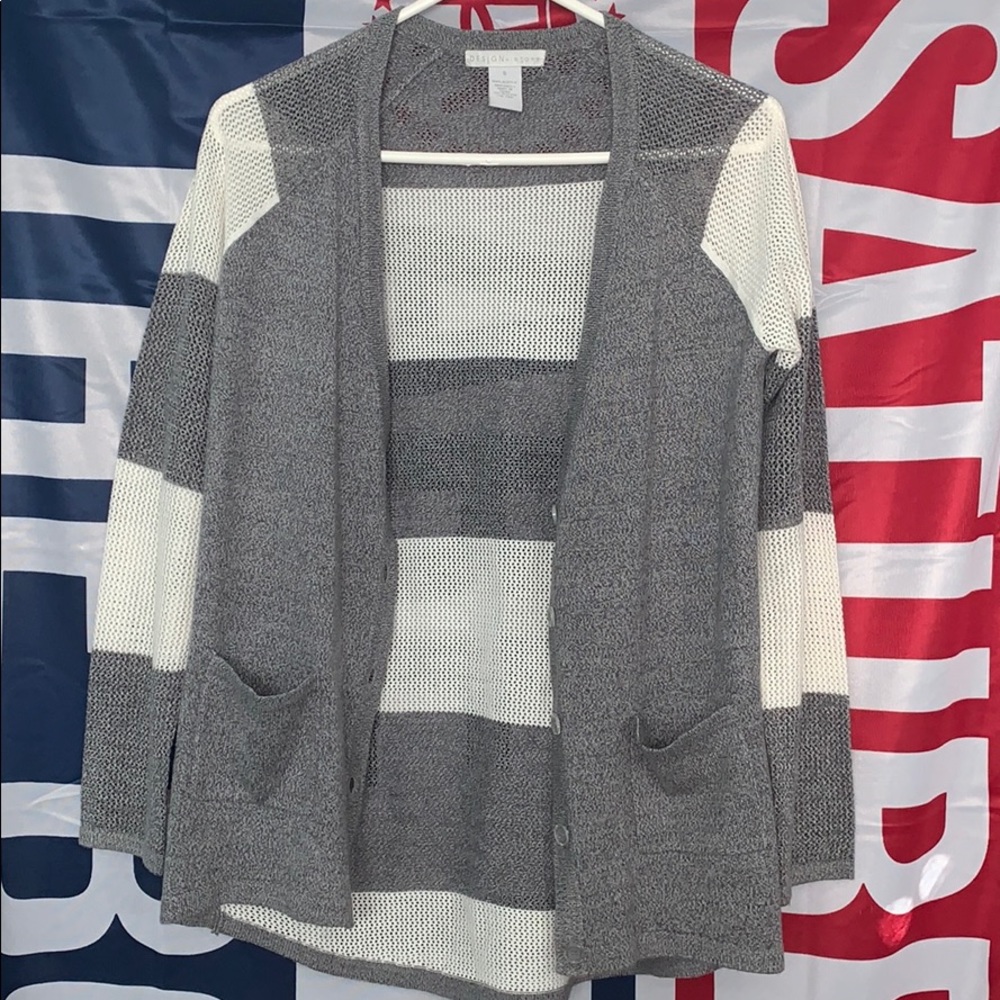 grey and white striped sweater